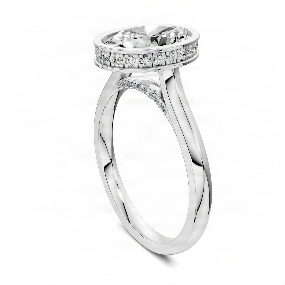 Oval bezel halo ring in white metal with split shank and pavé diamond accents