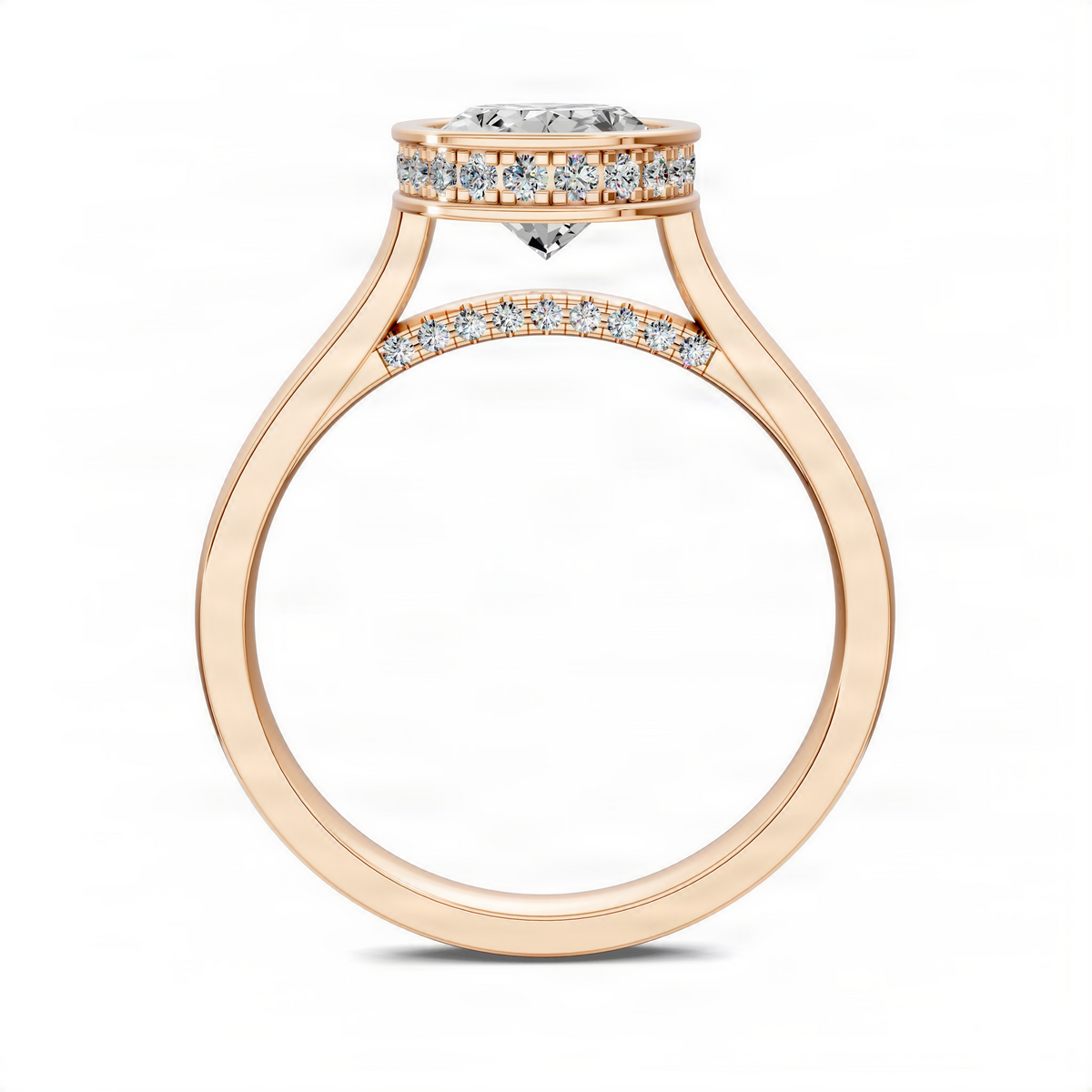 Opes oval bezel halo ring in yellow gold with oval center stone and pavé bridge