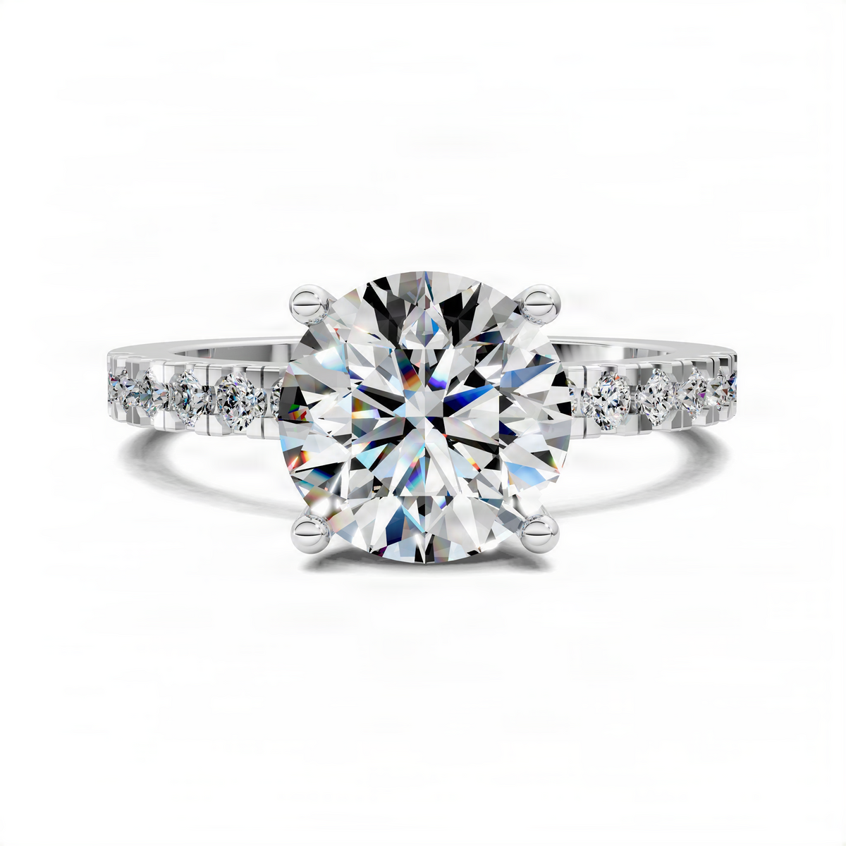 Round diamond solitaire engagement ring with pavé band in white metal