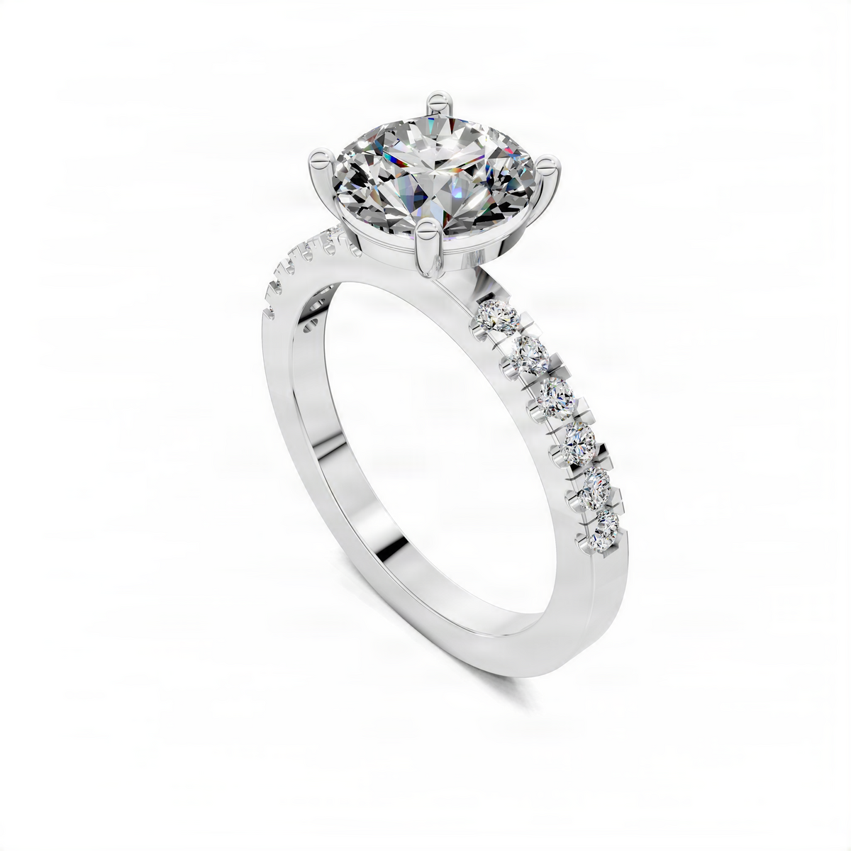 Round pave solitaire engagement ring in white metal with prong-set center stone