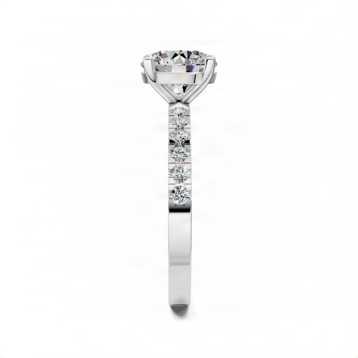Silver-toned round solitaire engagement ring with petite pave band