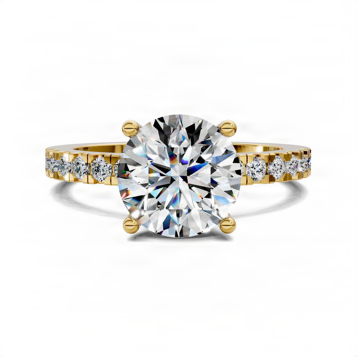 Round solitaire engagement ring with pave band and four-prong yellow gold setting