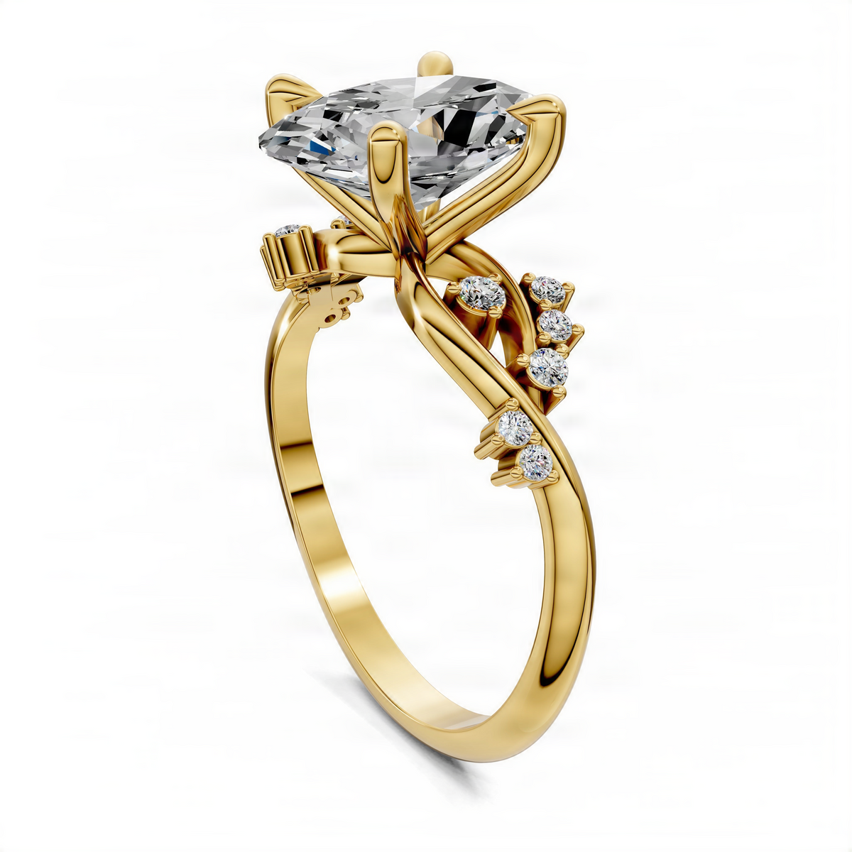 Yellow gold engagement ring with oval center diamond, floral halo, and diamond accents