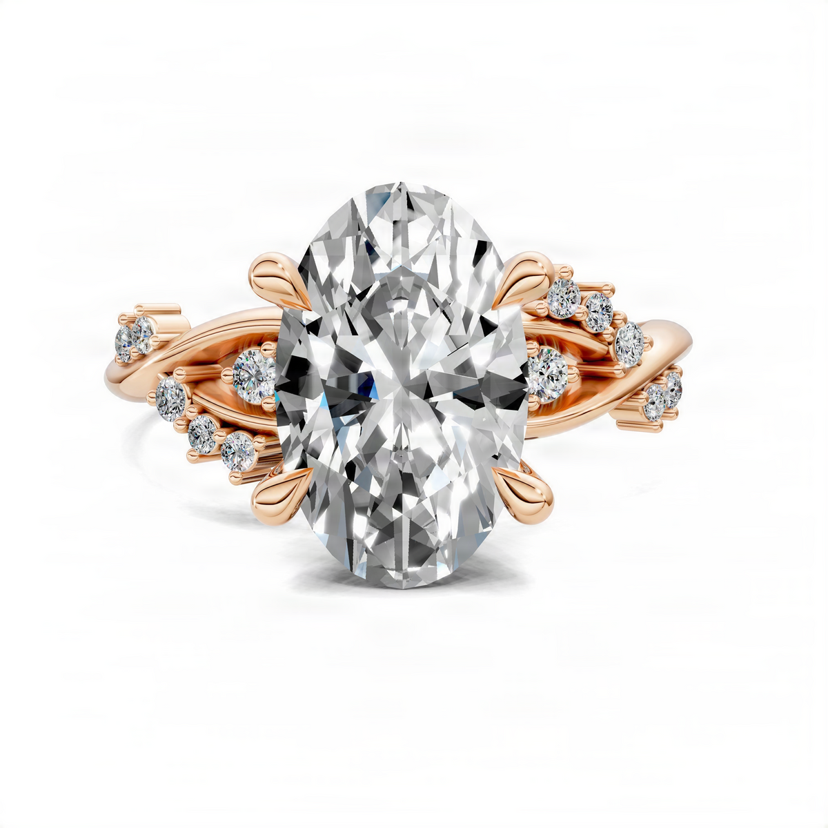 Rose gold engagement ring with oval center stone and flower-like diamond halo