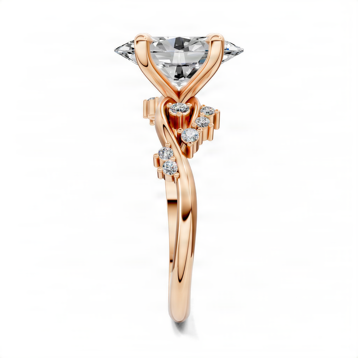 Rose gold engagement ring with oval center diamond and small diamond accents