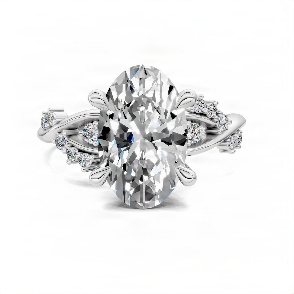 White gold engagement ring with oval center stone and flower-like diamond halo