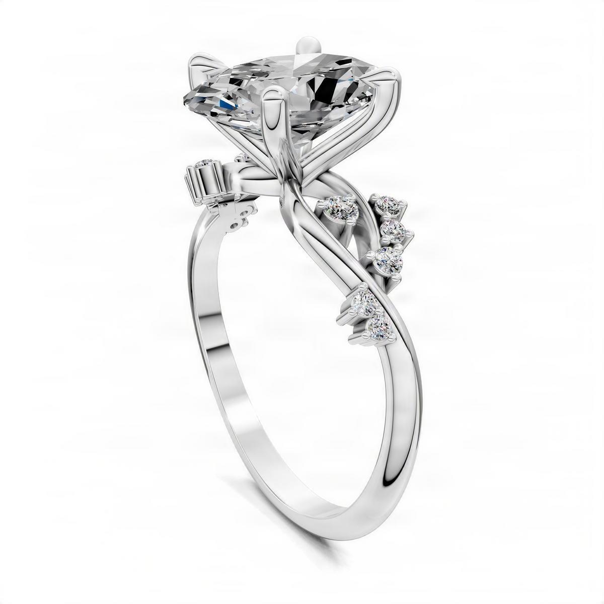 White gold engagement ring with oval center stone and diamond curving split shank