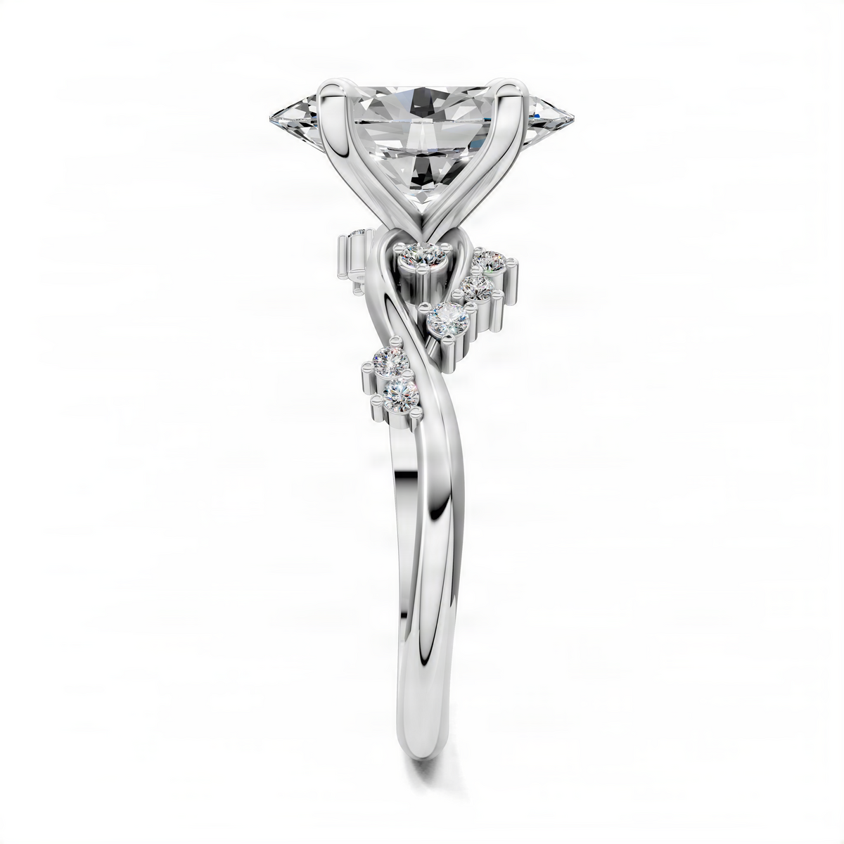 White gold engagement ring with oval center stone and petite side diamond accents