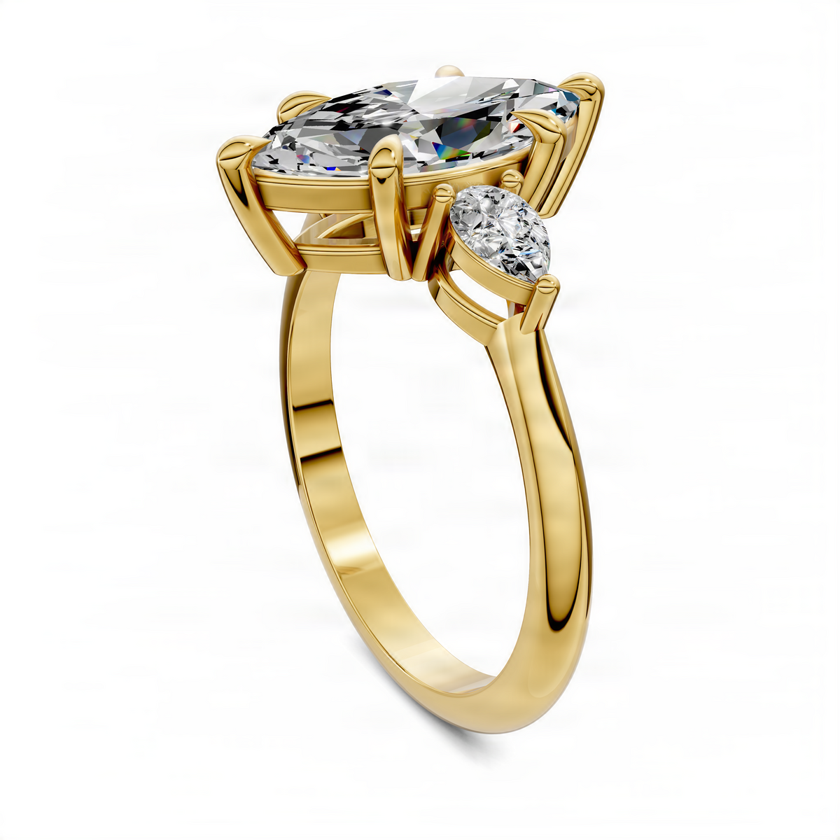Yellow gold three-stone marquise-cut ring side view with prong-set stones