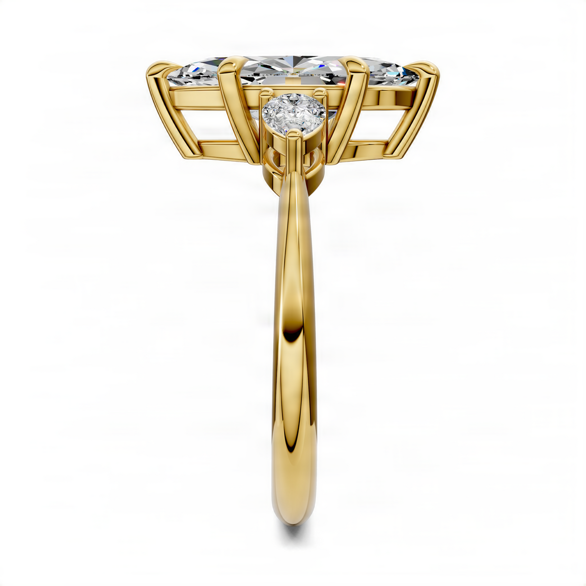 Yellow gold three-stone marquise-cut ring front view with prong-set center stone