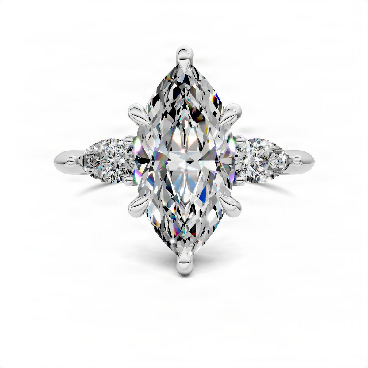 Marquise three-stone diamond ring with large center marquise and two side stones, prong-set