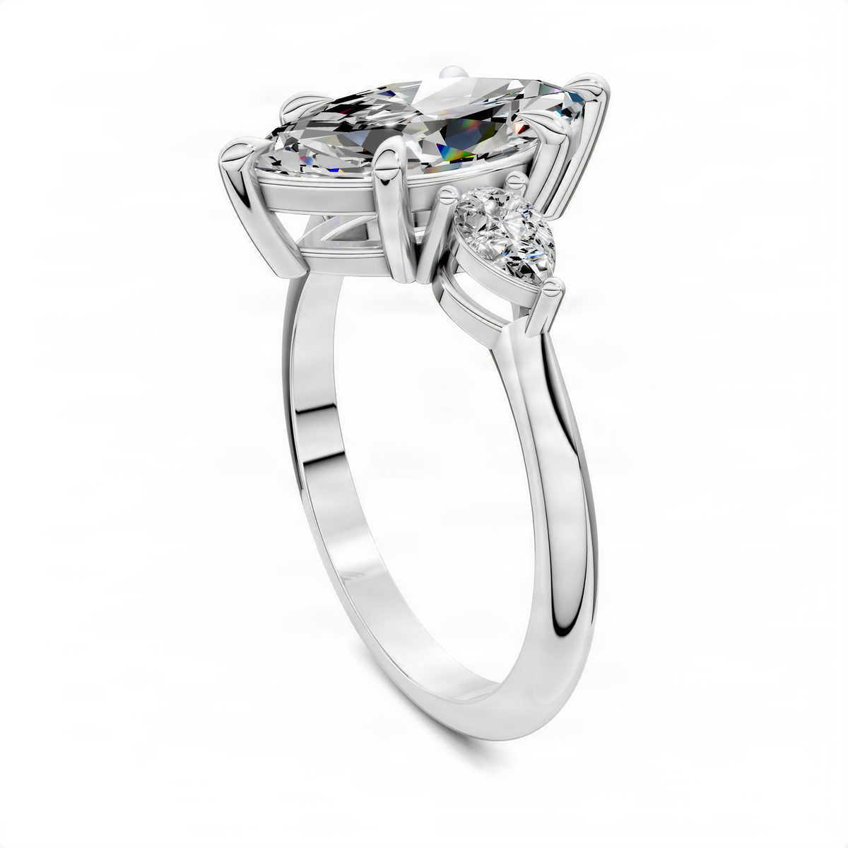 Platinum three-stone marquise-cut ring side view with prong-set stones