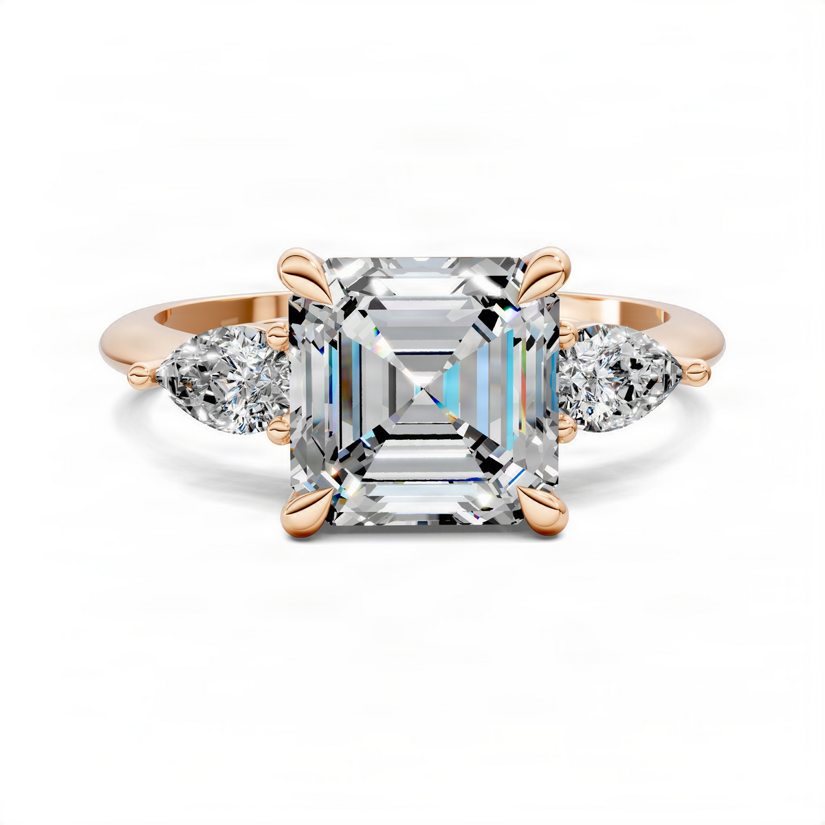 Rose gold three-stone diamond ring, emerald-cut center with round side stones, front view
