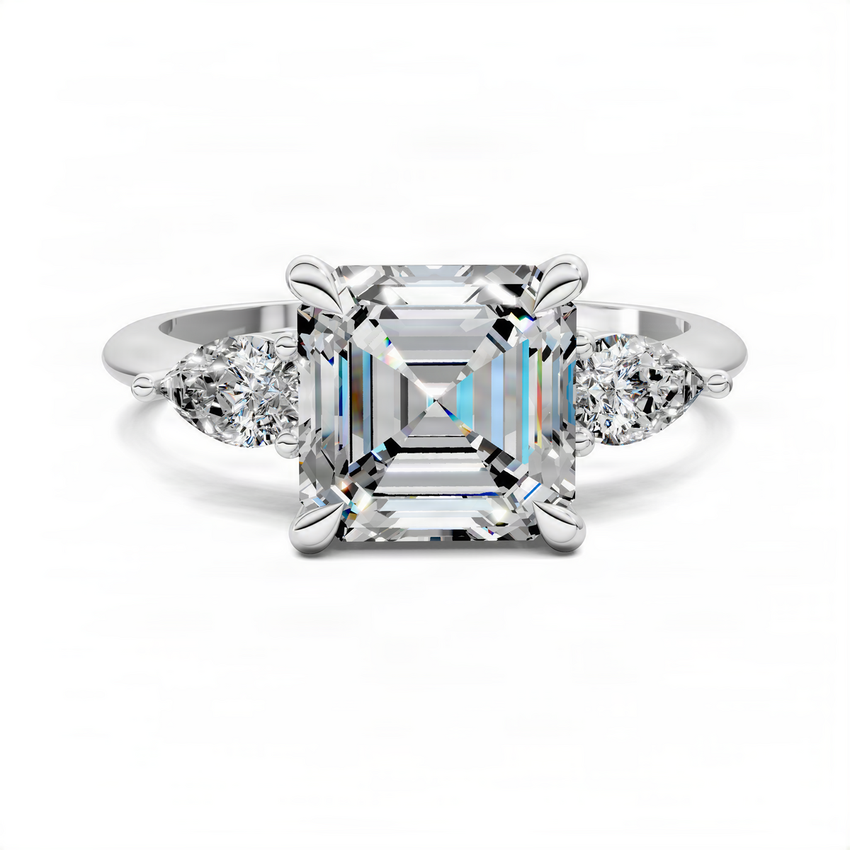 Platinum three-stone diamond ring, emerald-cut center with round side stones, front view