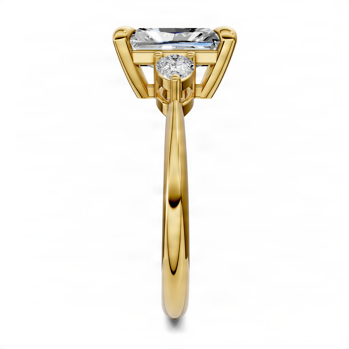 Yellow gold radiant three-stone ring with radiant center and two round side stones