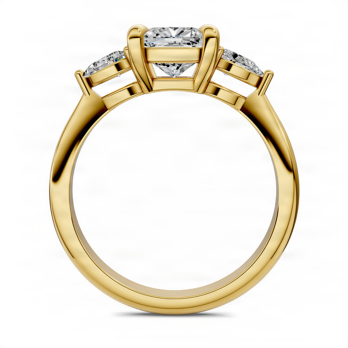 Three-stone cushion diamond ring, yellow gold band with center and side prong-set stones
