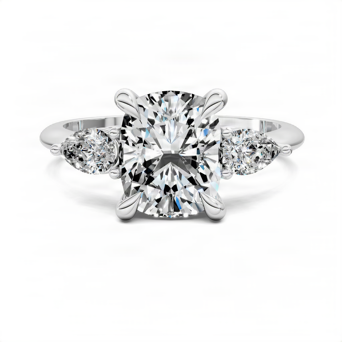 Three-stone cushion diamond ring, white gold with three prong-set diamonds