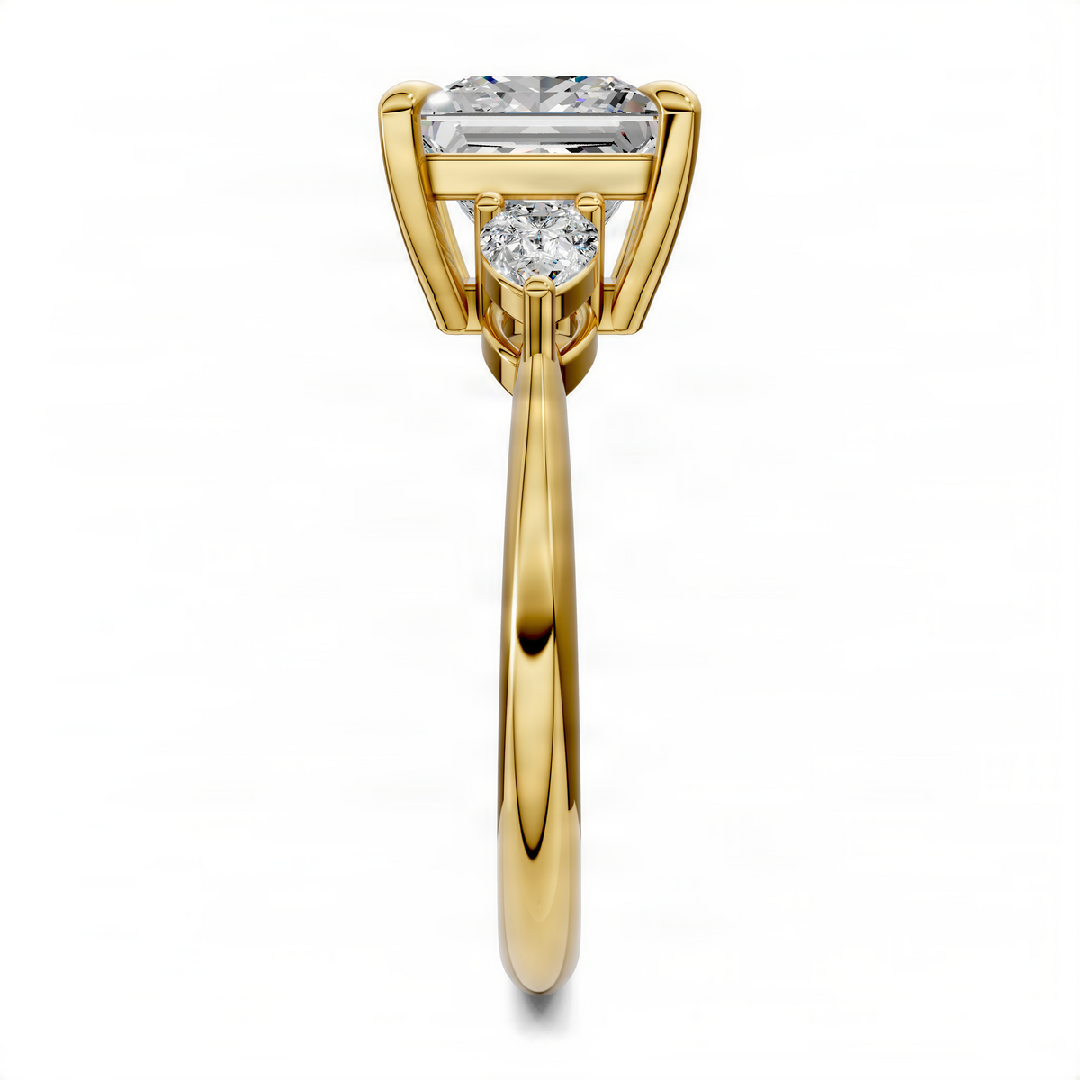 Yellow gold three-stone ring with rectangular center diamond and small round side stone