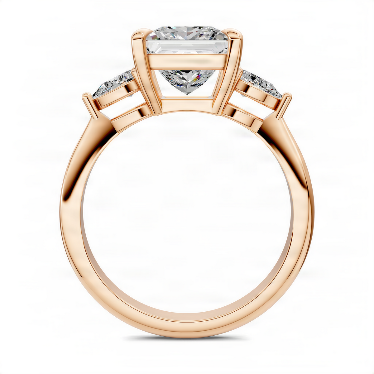 Rose gold three-stone princess ring with rectangular center stone and side diamonds