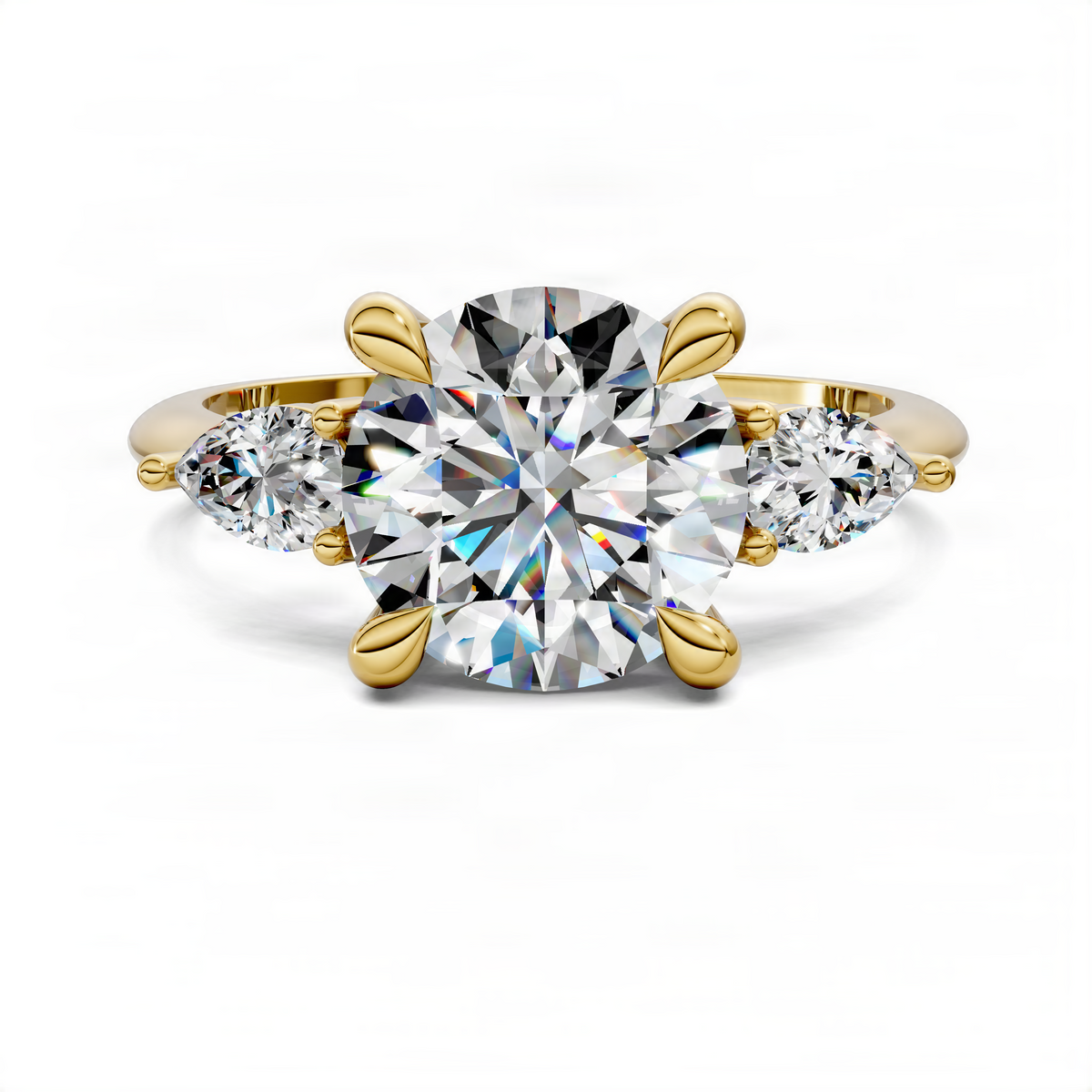 Rose gold round three-stone ring with center diamond and two side diamonds, wide band