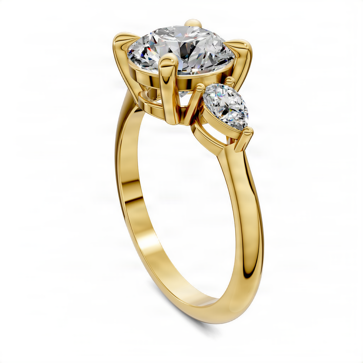 Yellow gold round three-stone ring with prong-set center diamond and two side diamonds