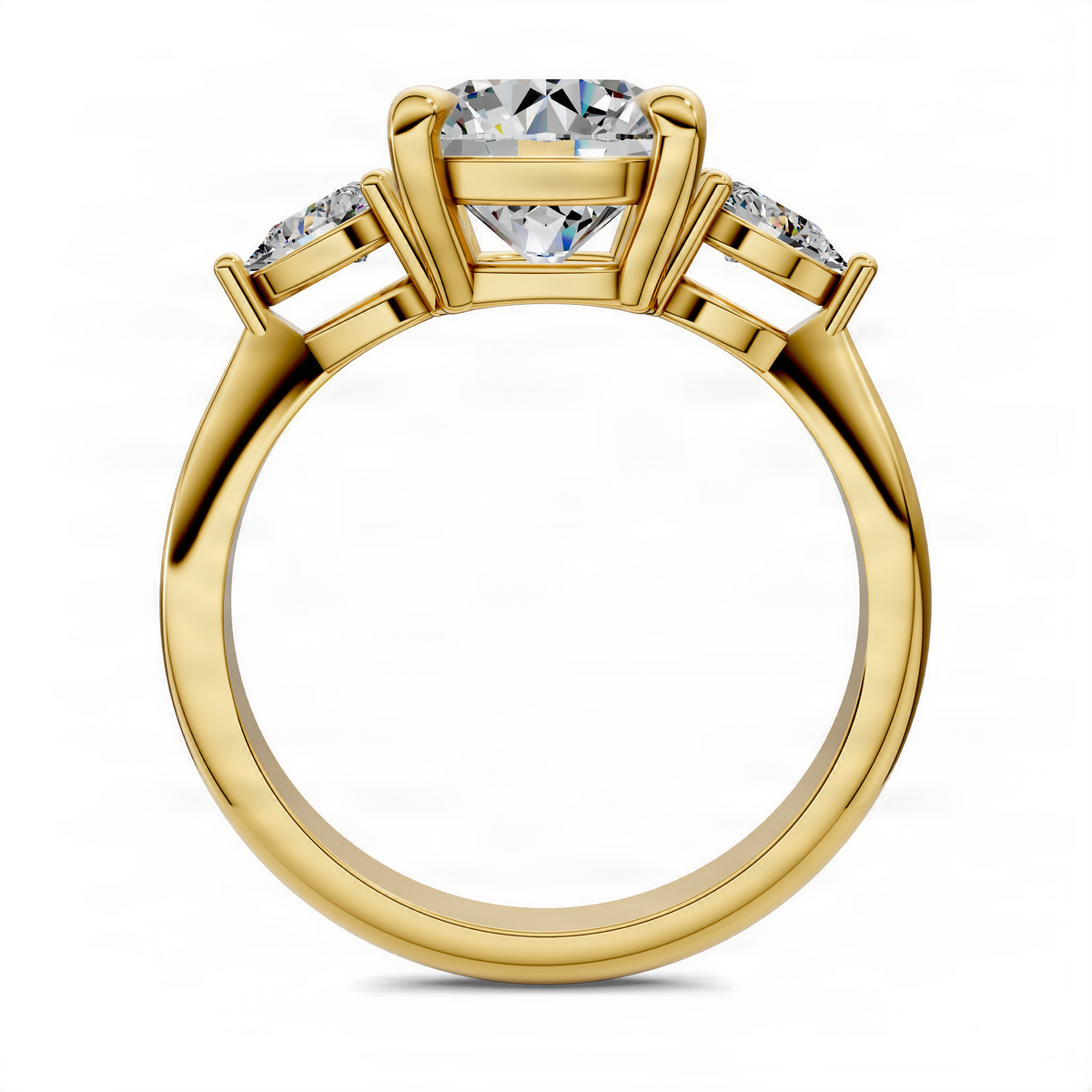 Round three-stone diamond ring in yellow gold, with center round stone and side stones