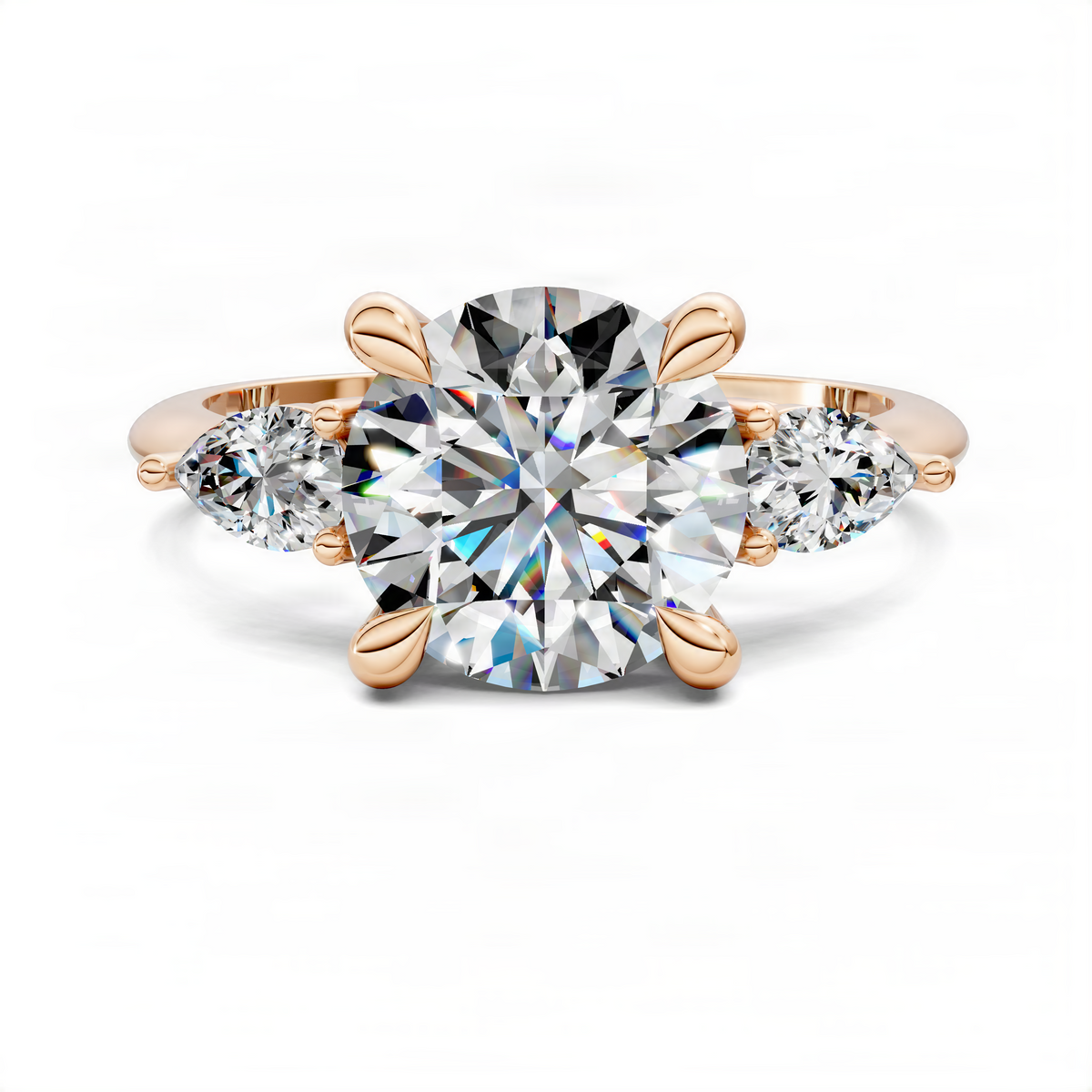 Rose gold round three-stone ring with prong-set center diamond and two side diamonds