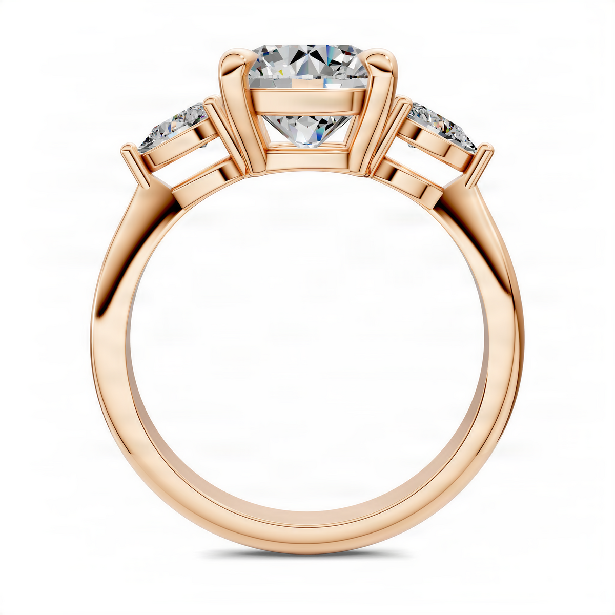 Rose gold round three-stone ring with center diamond, prong setting, side stone details