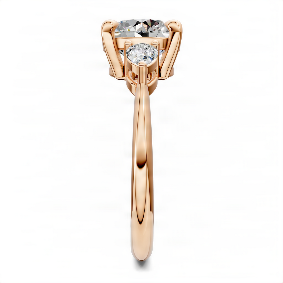 Rose gold round three-stone ring with prong-set center diamond and two side diamonds