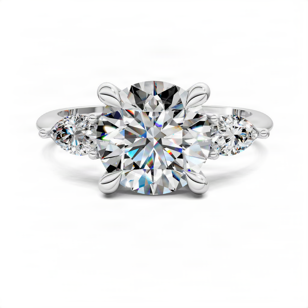 White gold round three-stone ring with prong-set center diamond and two side diamonds