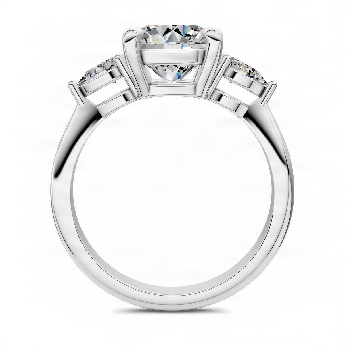 White gold round three-stone ring with center diamond and two side diamonds, top view