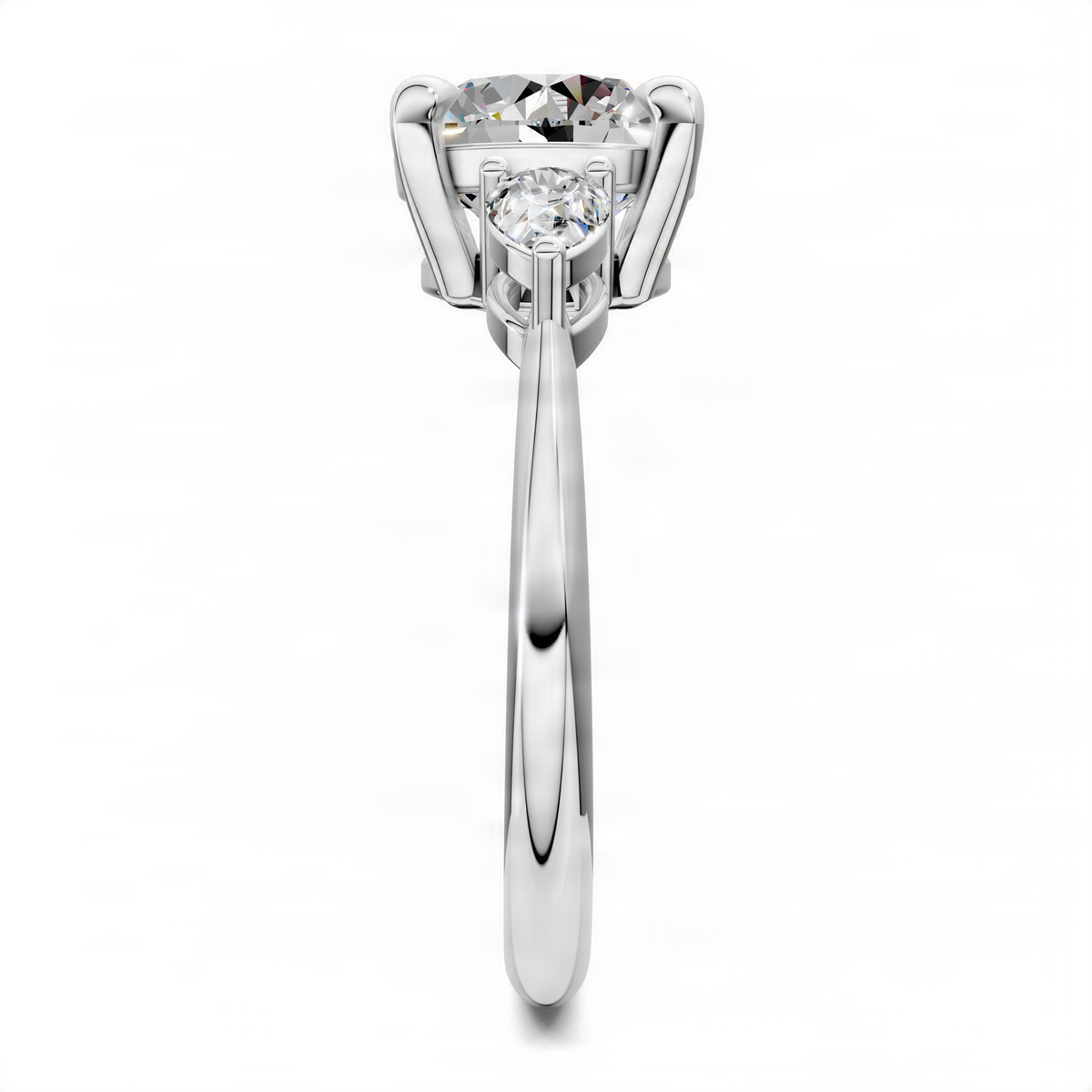 White gold round three-stone engagement ring with prong-set center diamond and side stones