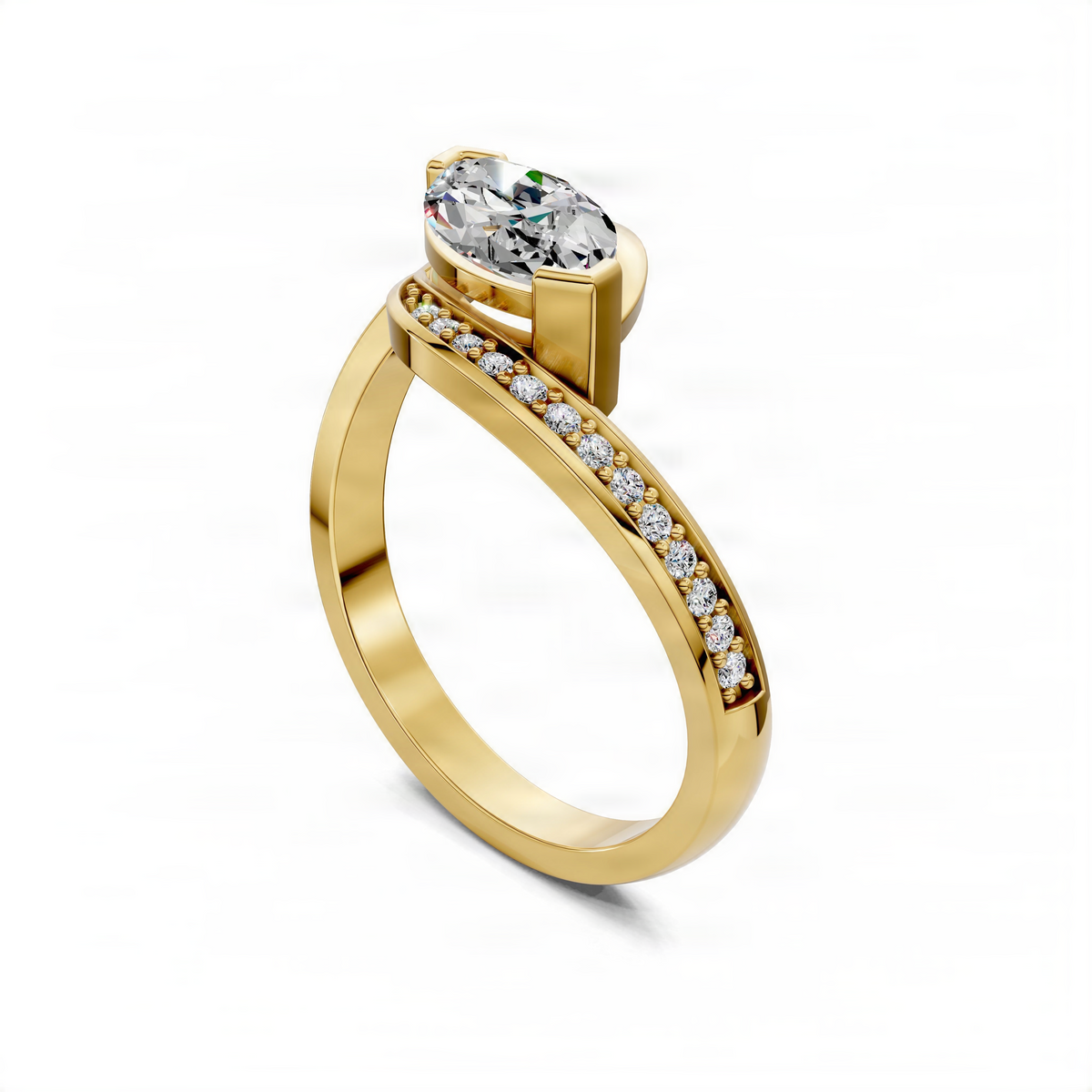 Marquise bypass ring in yellow gold with pavé diamond band