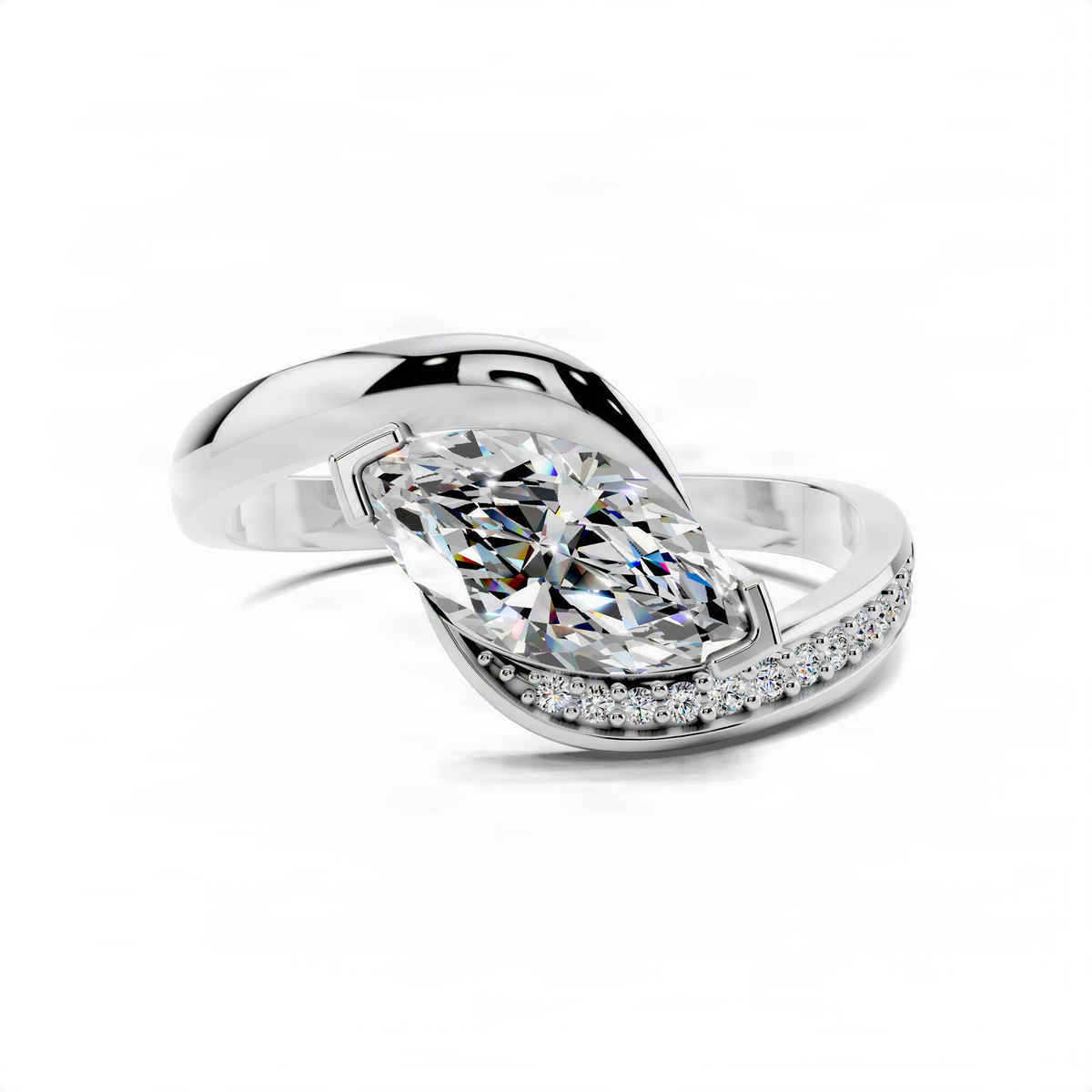 Marquise bypass ring with clear center stone and pavé band