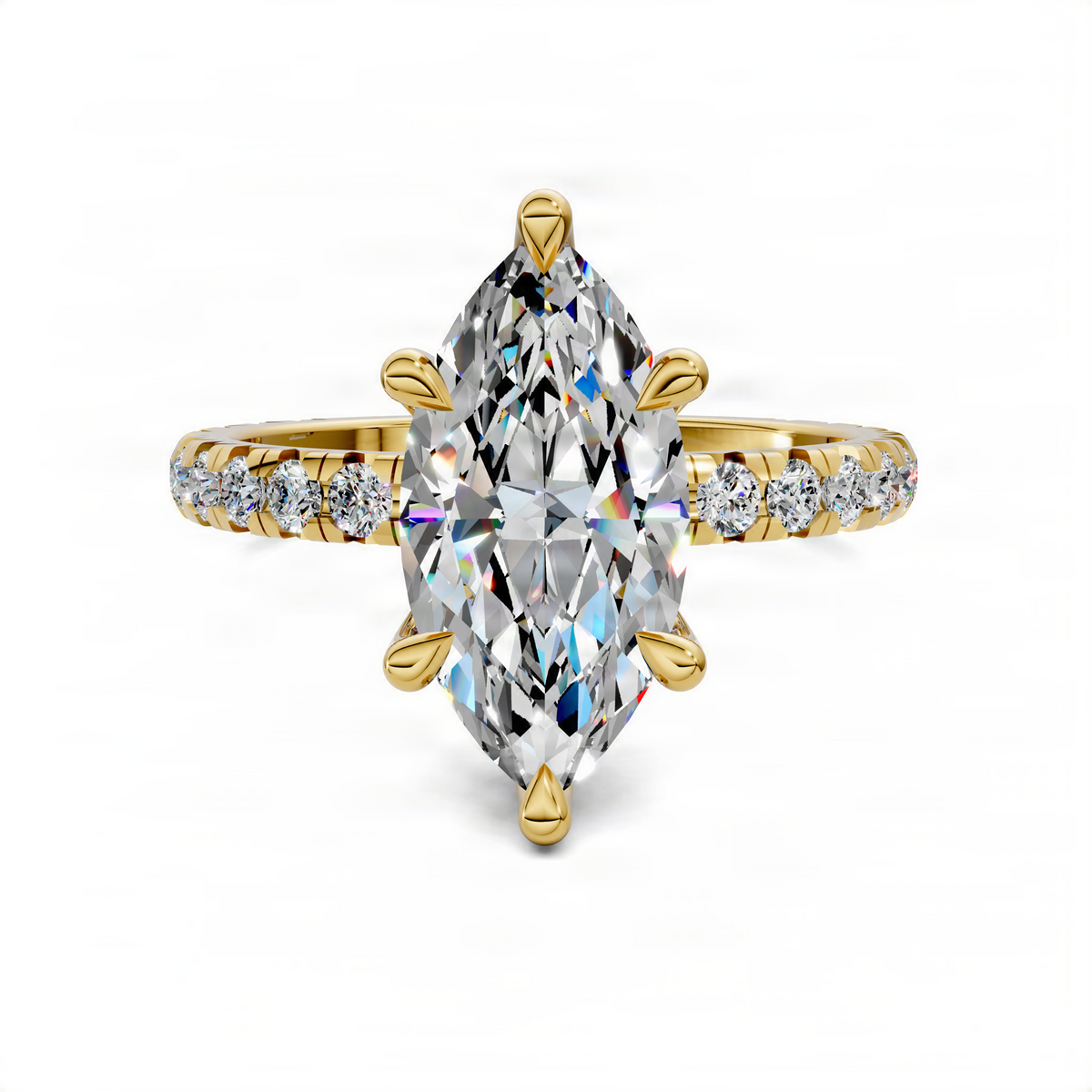 Marquise claw accent ring in yellow gold with large marquise center and round side stones