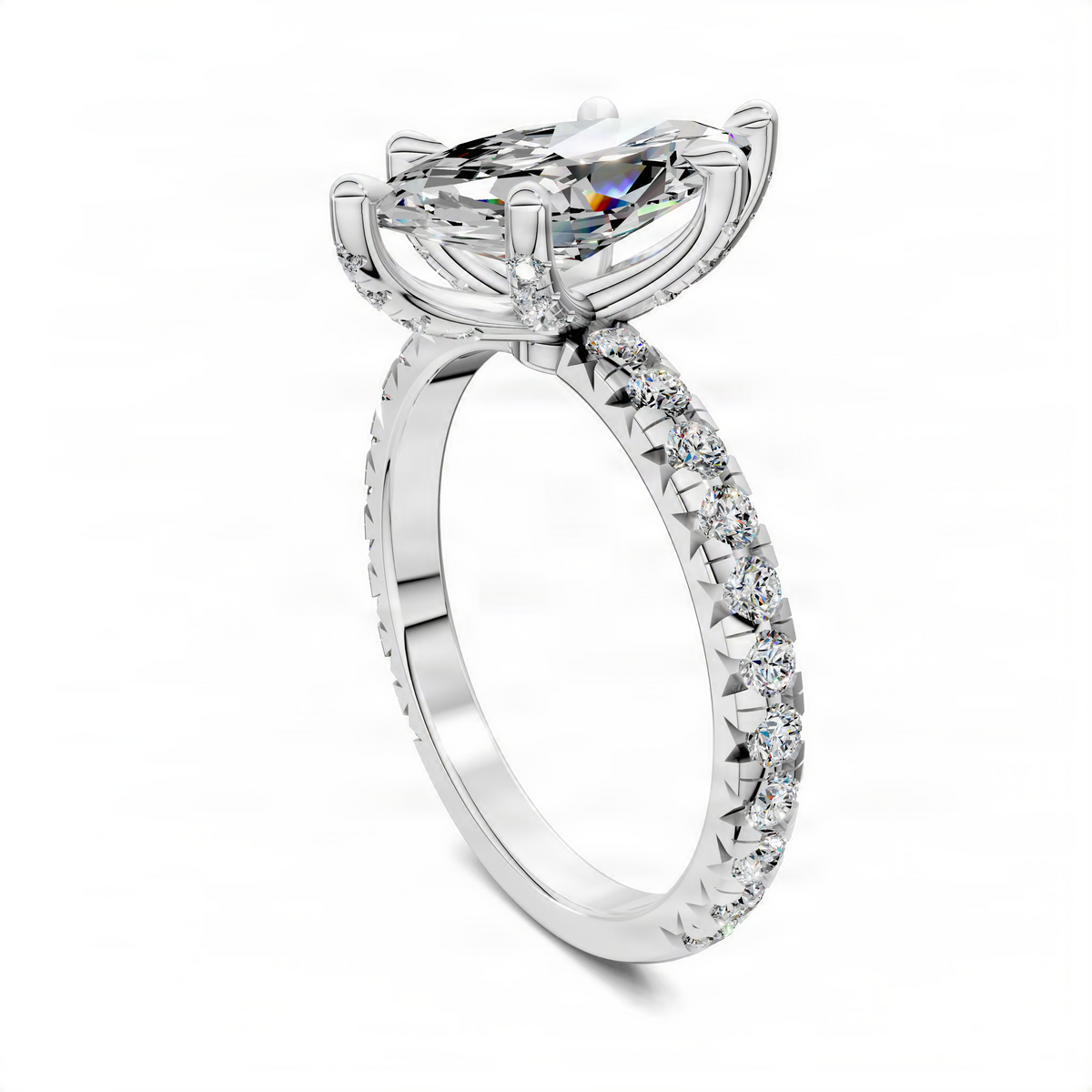 Marquise claw accent ring in white gold with marquise center and round side sparkle stones