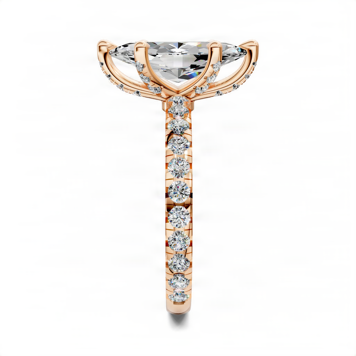 Rose gold marquise claw ring with central vertical line of round diamonds