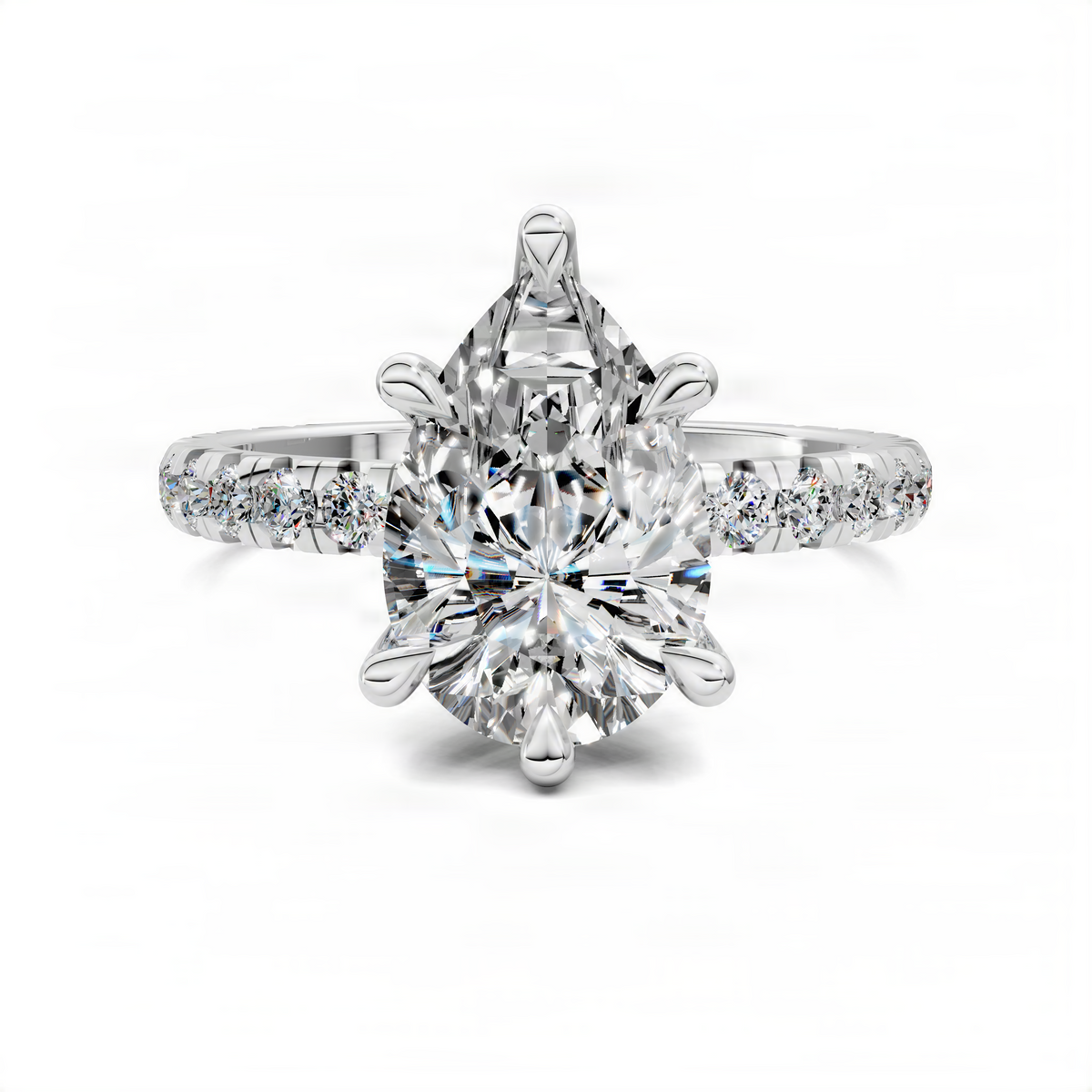 Platinum pear-shaped diamond claw ring with diamond row side accents