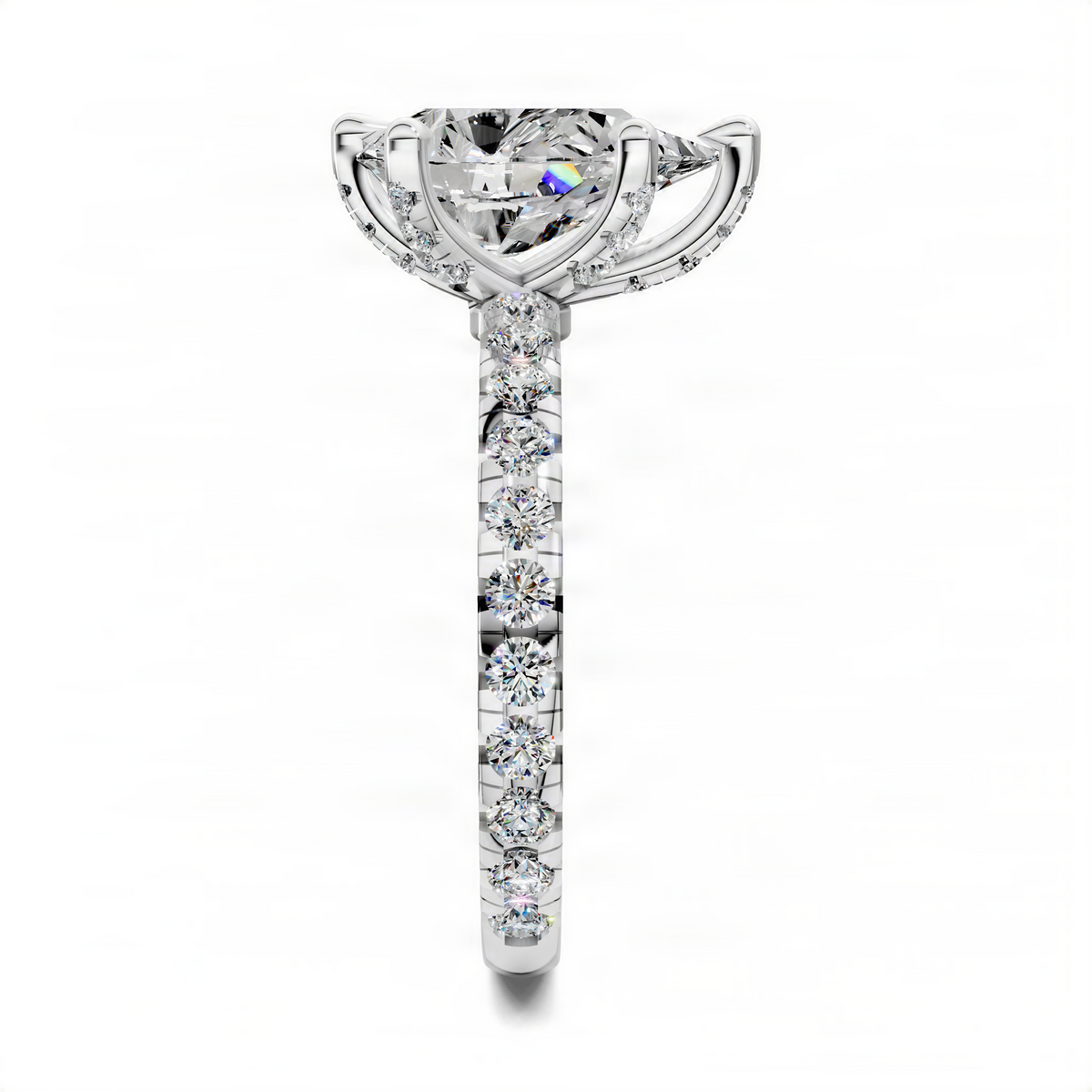 Platinum pear-shaped diamond claw ring with round diamond row shank