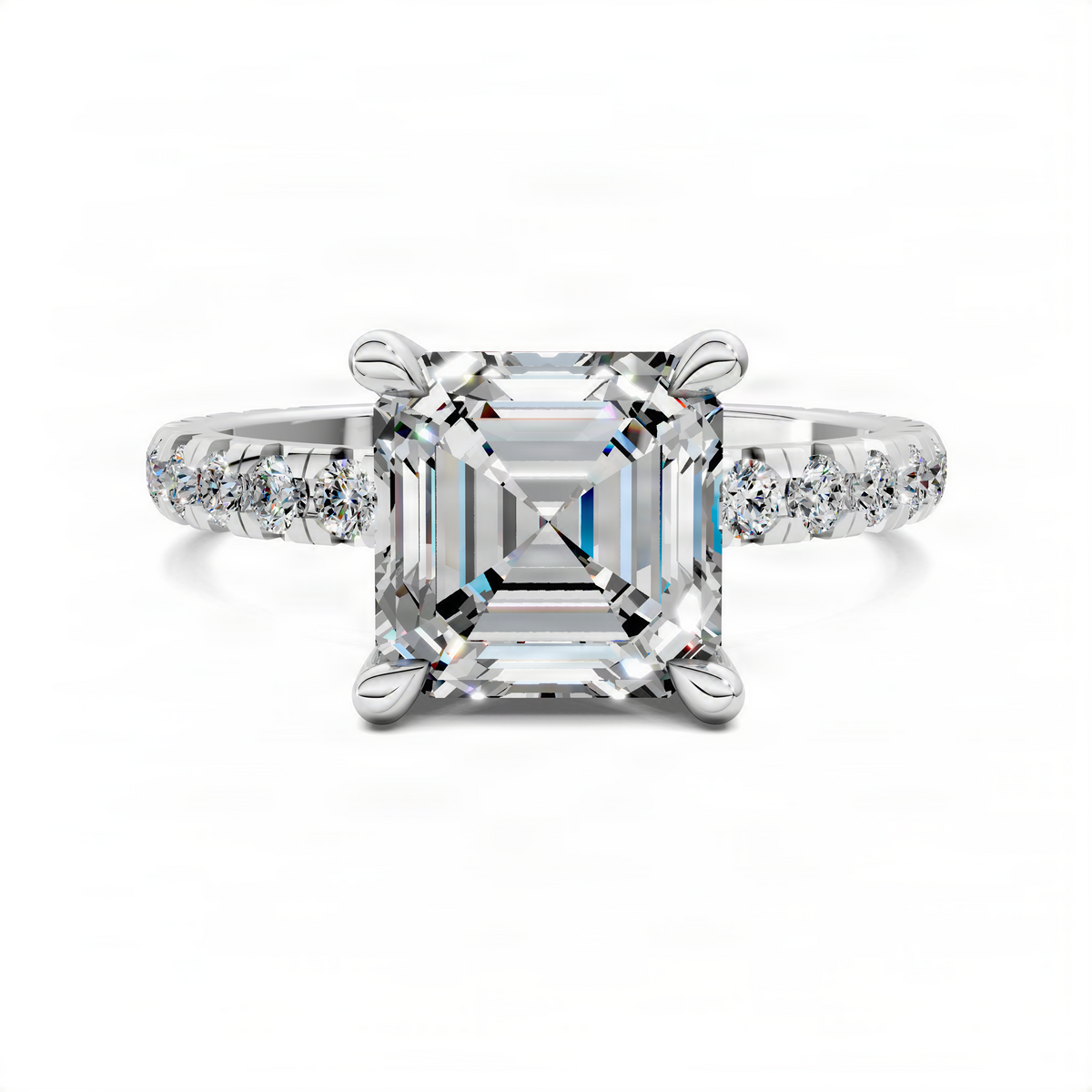 Platinum-toned Asscher claw accent ring with square center stone and round diamond side accents