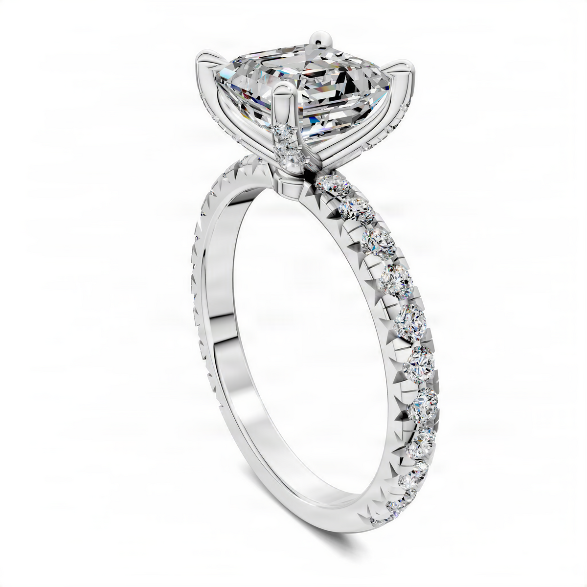 Asscher-cut diamond ring with claw accents and pavé band in white metal