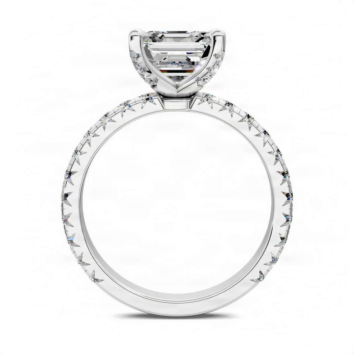 White gold Asscher claw accent ring with square center stone and halo of round accents