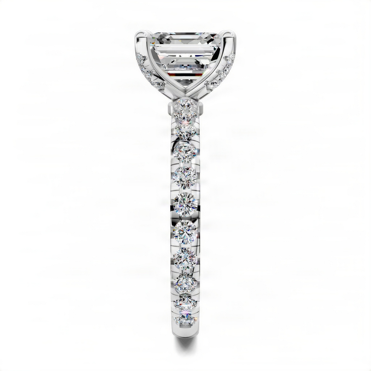 White gold Asscher claw accent ring with square center stone and vertical row of round stones