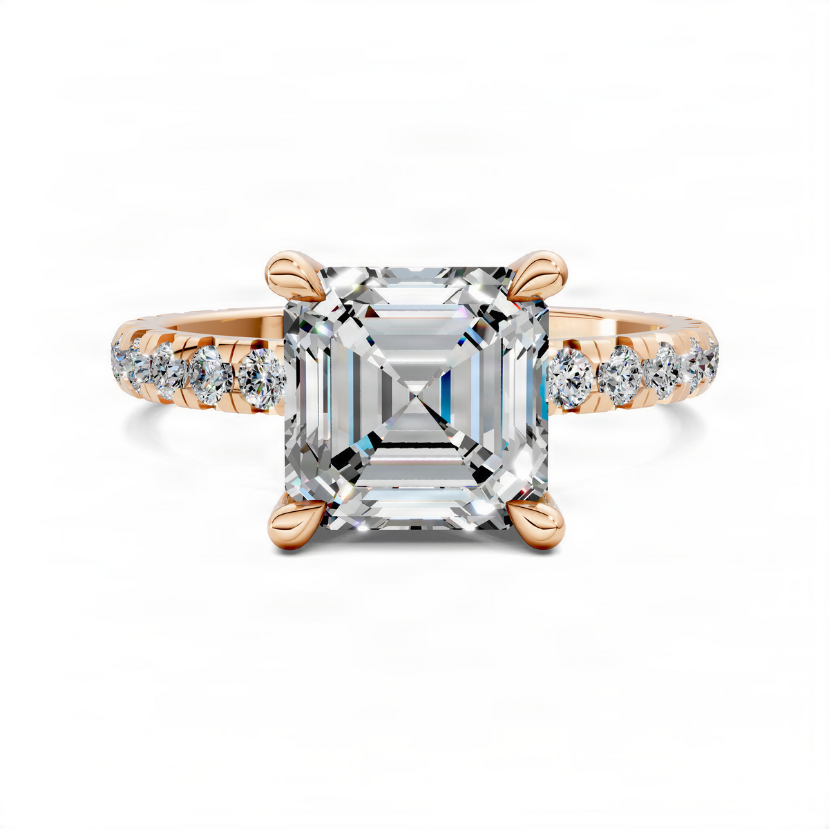 Rose gold Asscher-cut claw-set diamond ring with prong center and small side diamonds