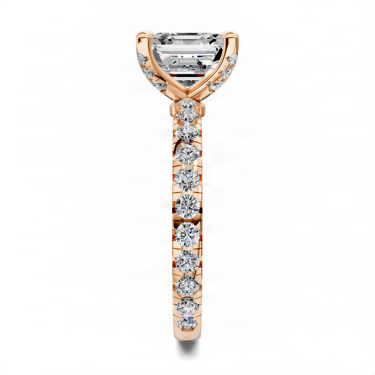 Rose gold Asscher claw accent ring with square center stone and vertical row of round stones