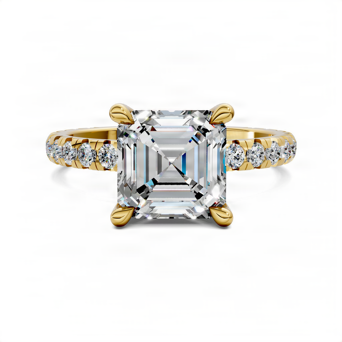 Yellow gold Asscher claw accent ring with square center stone and round diamond side accents