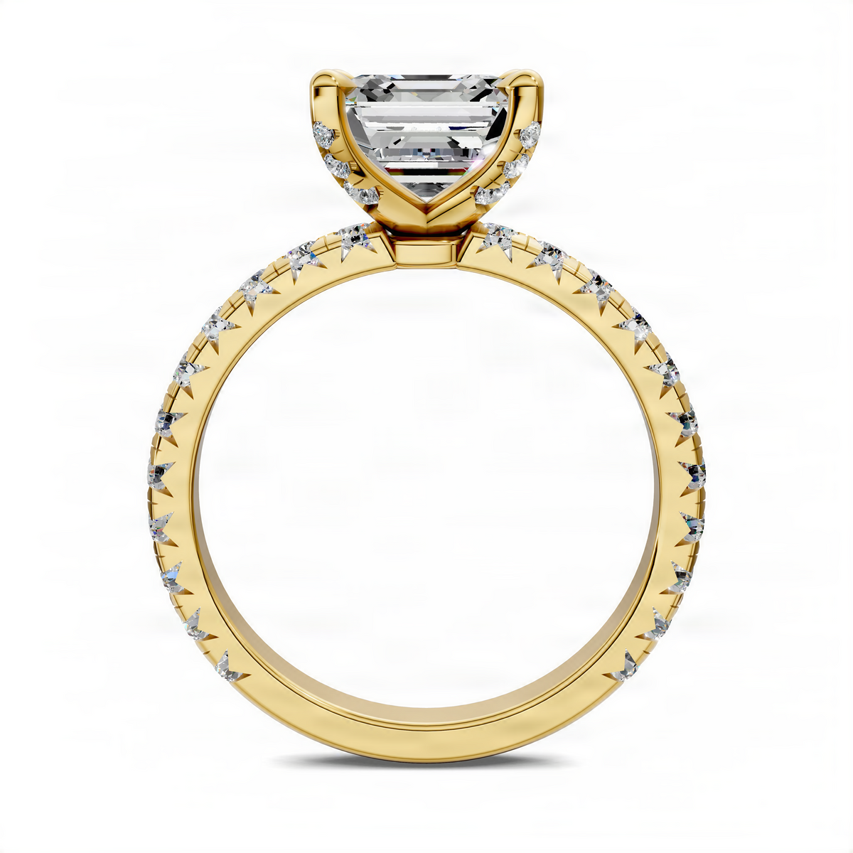 Yellow gold Asscher claw accent ring with square center stone and halo of round accents