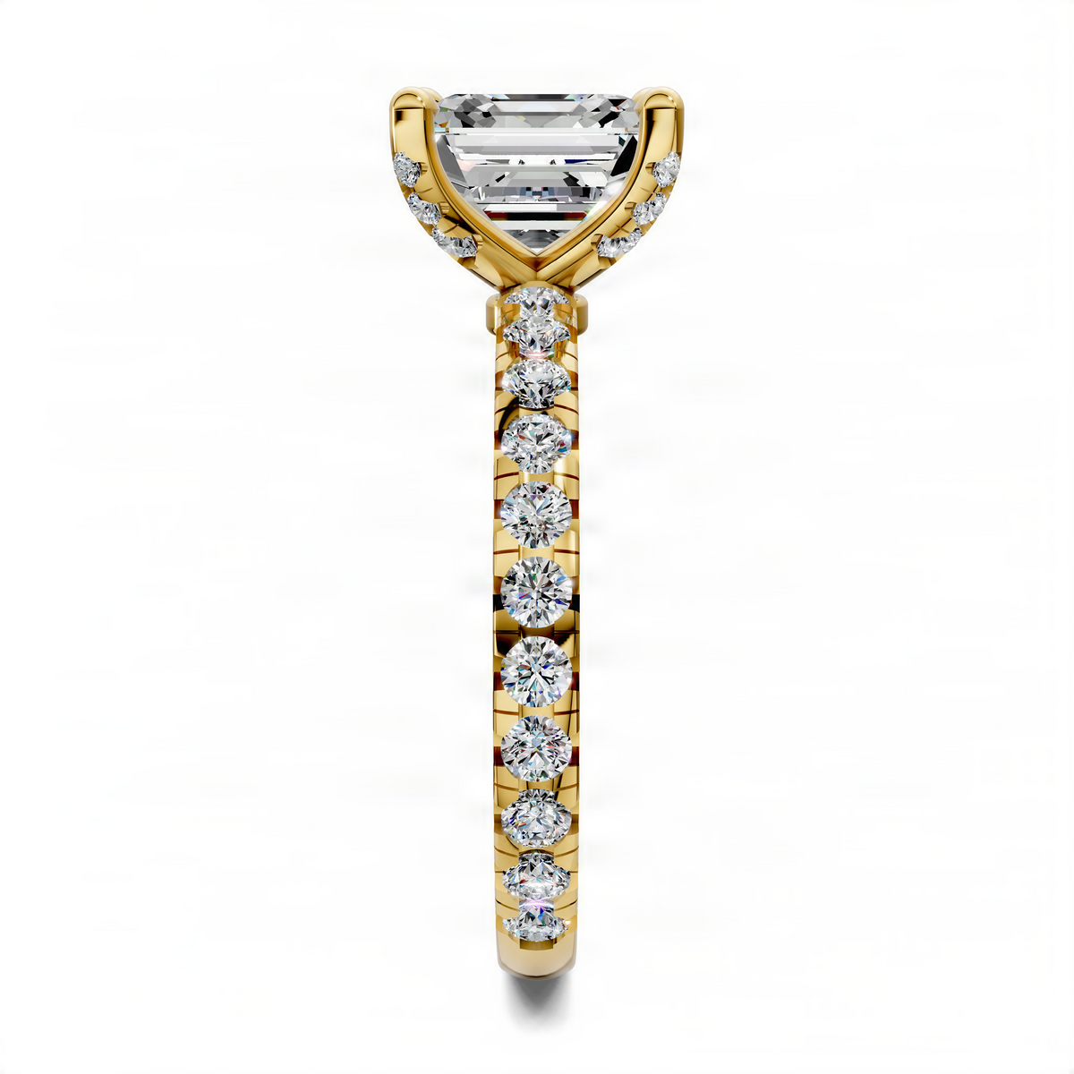 Yellow gold Asscher claw accent ring with square center stone and vertical row of round stones