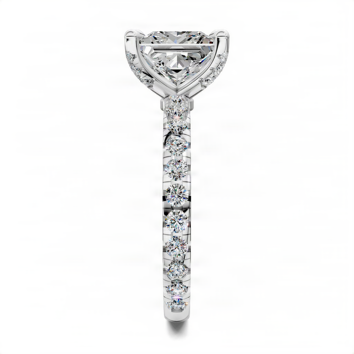 White gold princess claw ring with marquise center diamond and prong-set bead stones