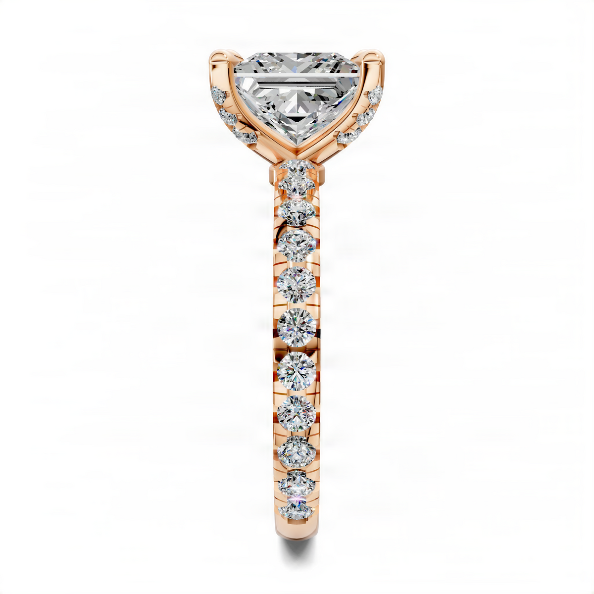 Rose gold princess claw ring with marquise center diamond and prong-set bead stones